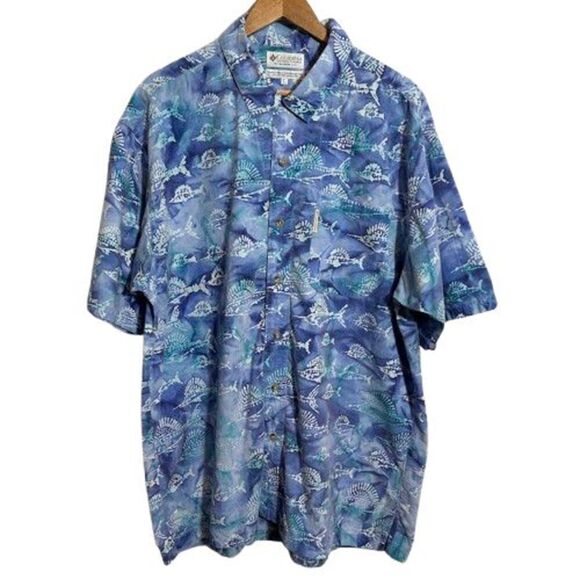 VTG Y2K Columbia Button Up Shirt Mens L Blue Fish All Over Print Short Sleeve - Picture 1 of 7